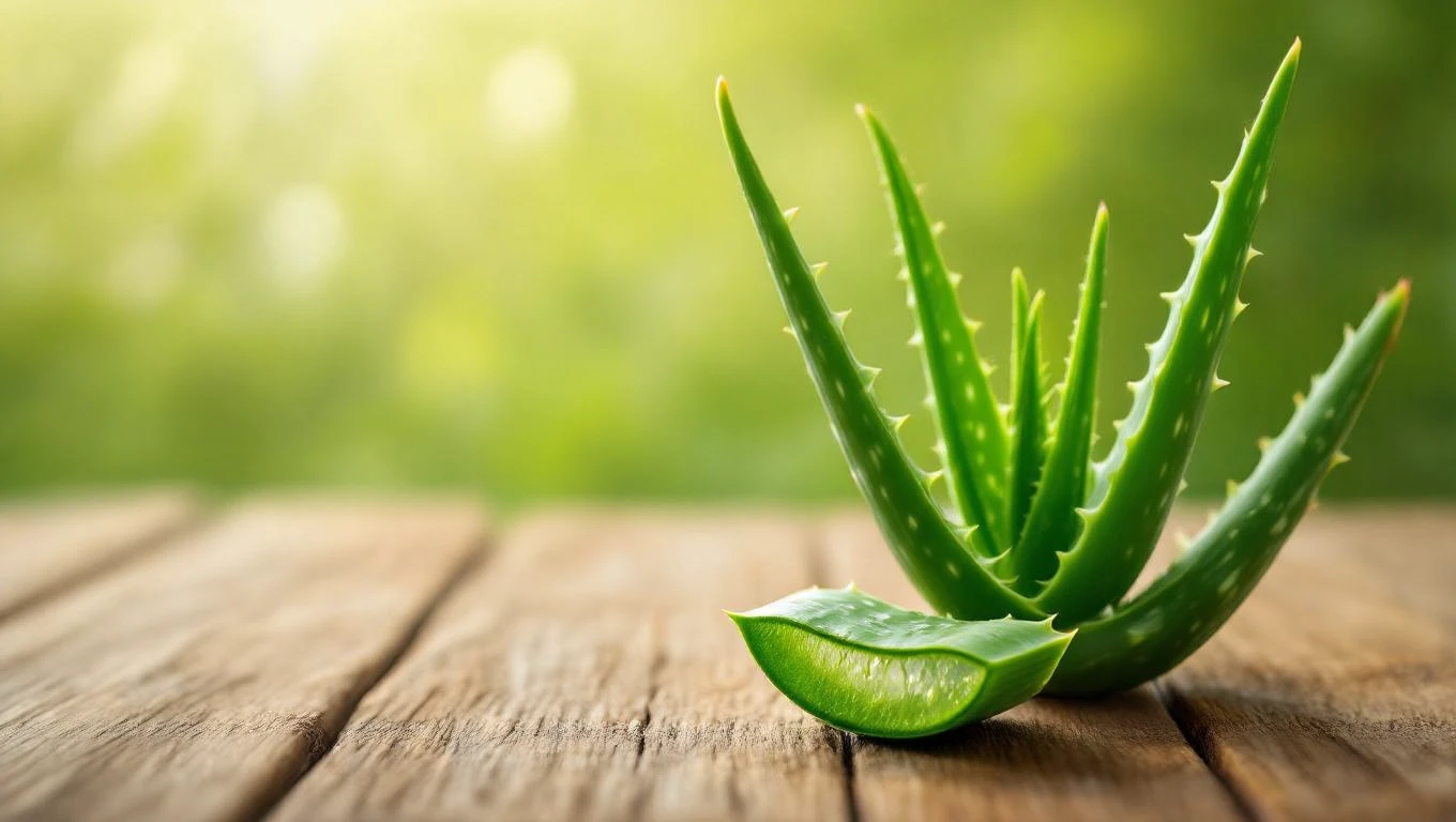 Eine frische Aloe Vera Pflanze mit saftigen Blättern auf einem Holztisch.