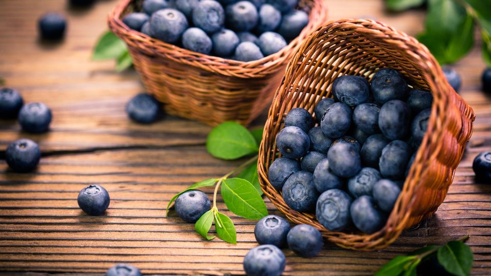 Frische Blaubeeren in zwei Körben auf einem Holztisch.