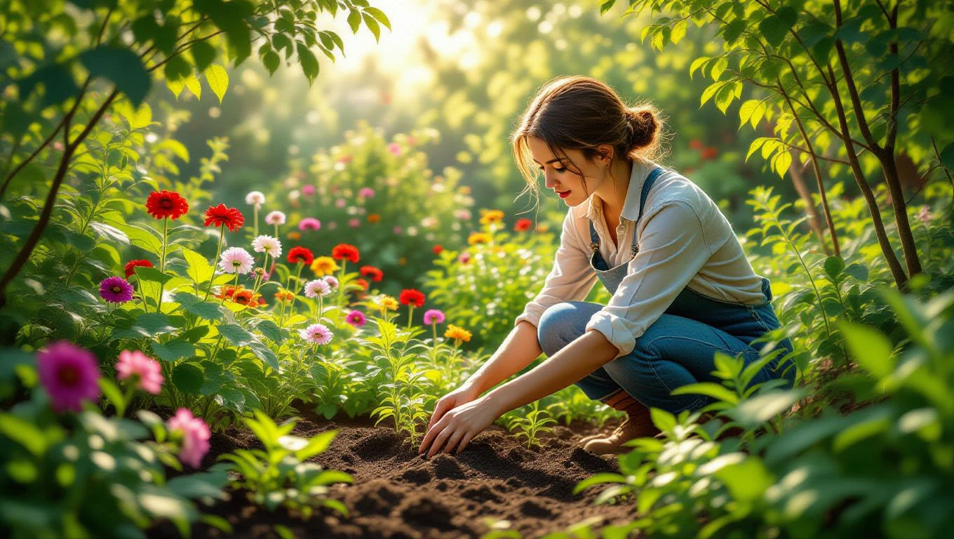 Eine Gärtnerin pflanzt Blumen in einem bunten Garten im Herbstlicht.