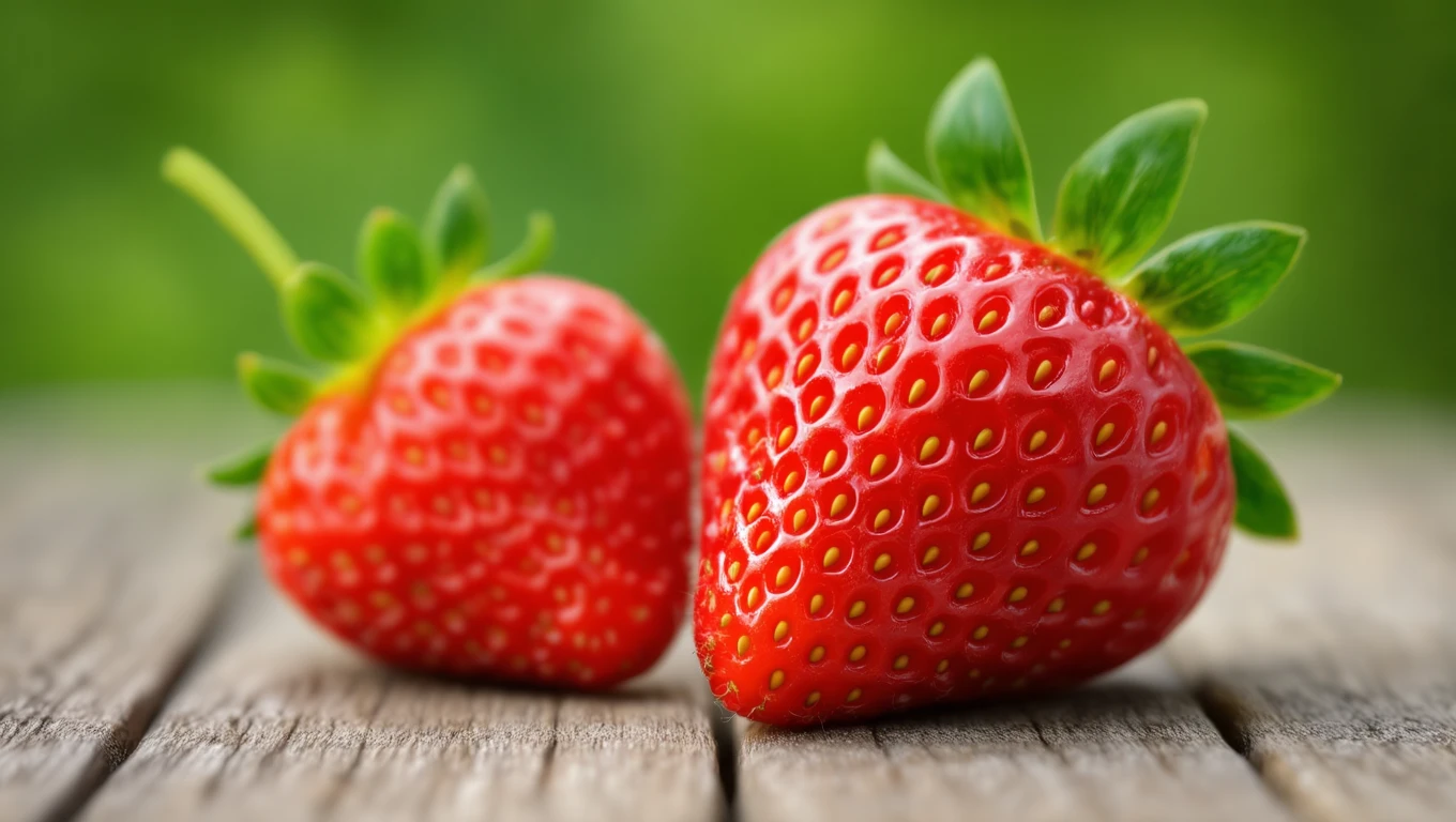Zwei frische, rote Erdbeeren auf einem Holzbrett mit unscharfem Hintergrund.
