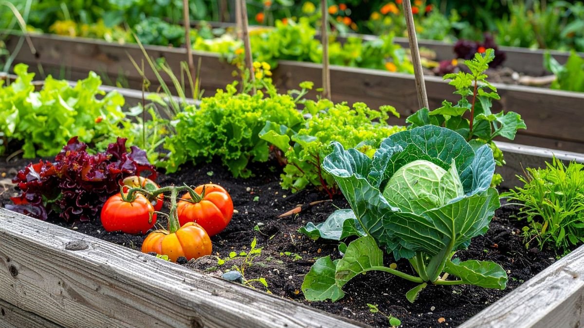 Gemüsegarten mit blumiger Umrandung Bunte Gemüsebeete mit frischem Salat, Tomaten und Kohl in einem Garten.