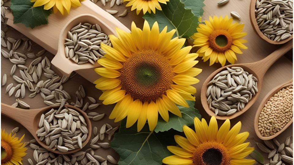 Eine Nahaufnahme von Sonnenblumen und Sonnenblumenkerne auf einem Holzuntergrund.