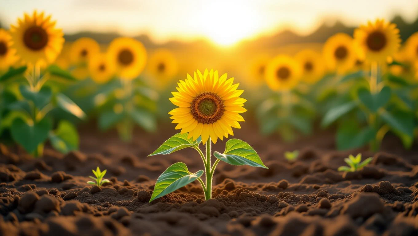 Eine leuchtende Sonnenblume wächst in einem Feld, umgeben von weiteren Sonnenblumen.