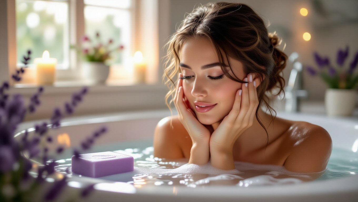 Eine Frau entspannt in einer Badewanne mit Lavendel-Seife und Kerzenlicht.