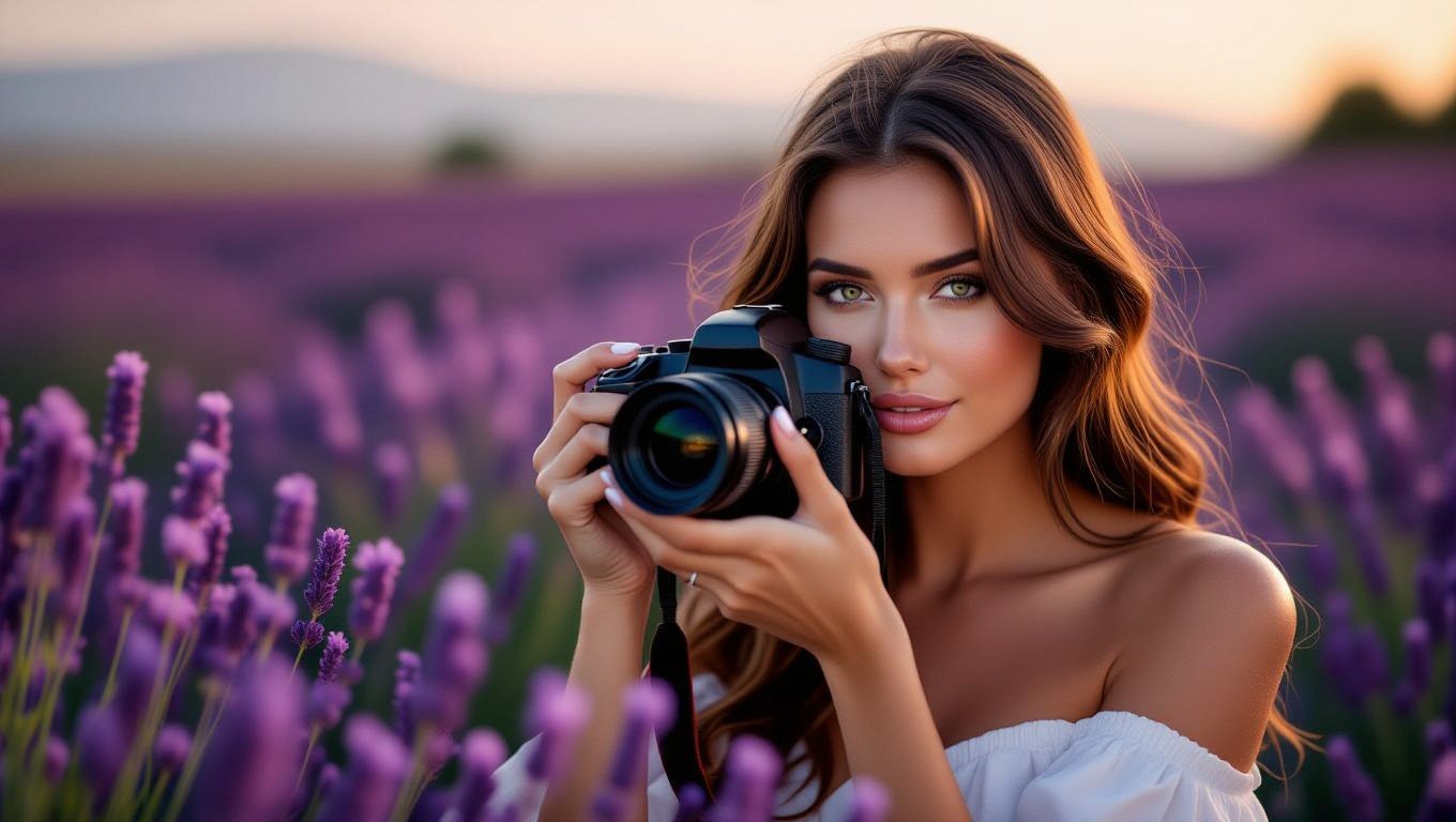 Eine Frau hält eine Kamera vor einem Lavendelfeld mit lila Blüten.