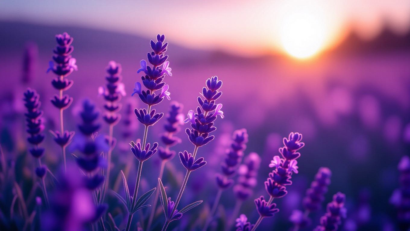 Lavendelblüten in verschiedenen Lila-Tönen vor einem Sonnenuntergang.