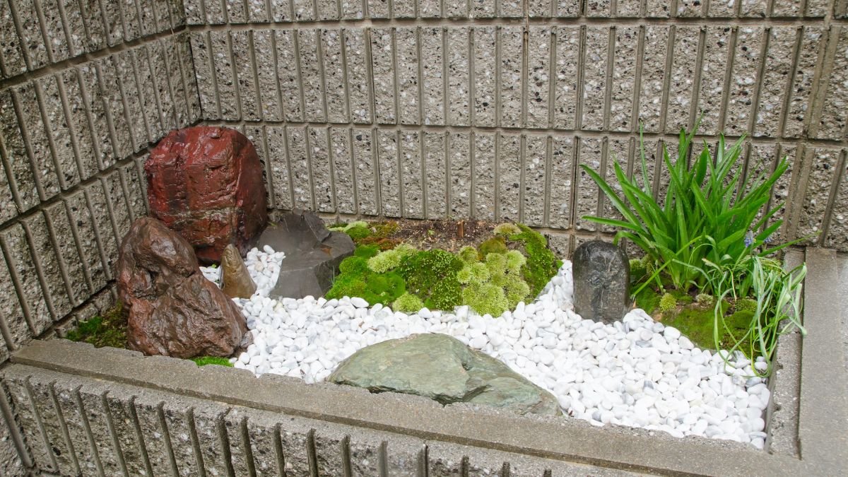 Miniaturgärten: Klein, aber fein Ein kleiner Miniaturgarten mit Steinen, Moos und weißen Kieseln.