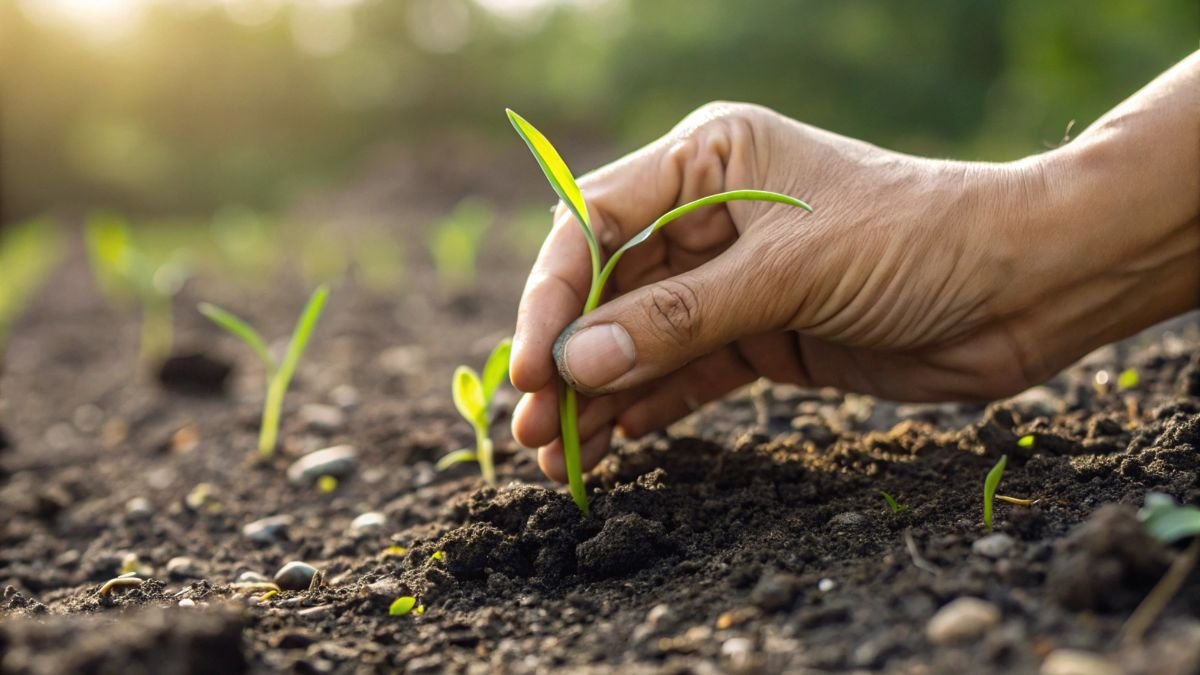 Eine Hand pflanzt eine junge Pflanze in steinigen Boden im Garten.