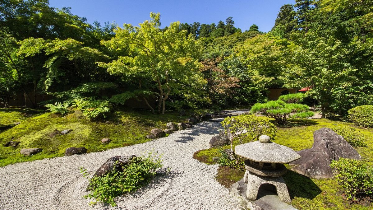 Ein gepflegter Kiesgarten mit grünen Pflanzen und einem Steinlaternen.