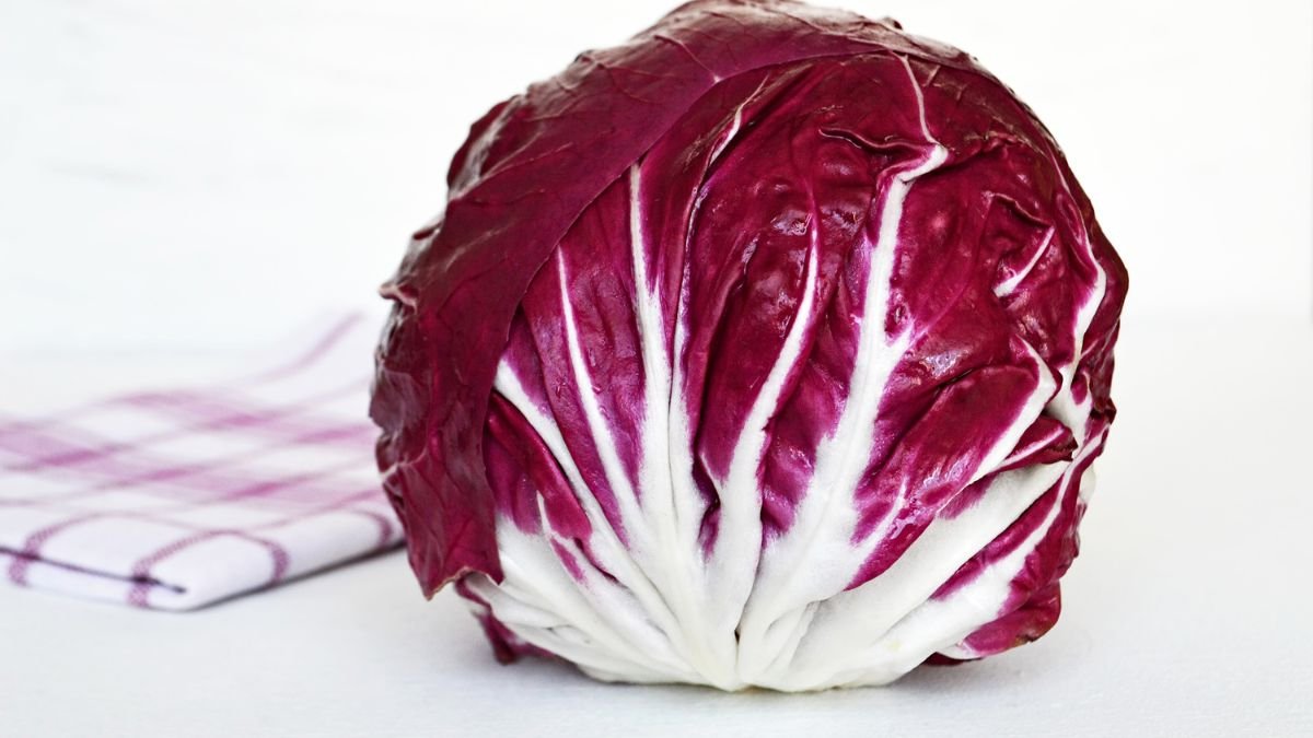 Ein frischer Radicchio mit rot-violetten Blättern und weißen Adern.