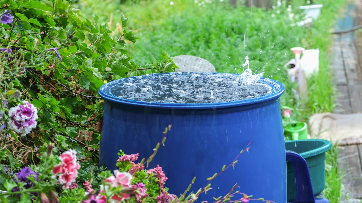 Ein blauer Regenwassertank fängt Regenwasser in einem Garten ein.