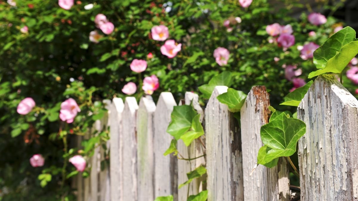 Ein verwitterter Holzzaun mit grüner Efeu-Bewuchs und rosa Blumen im Hintergrund.