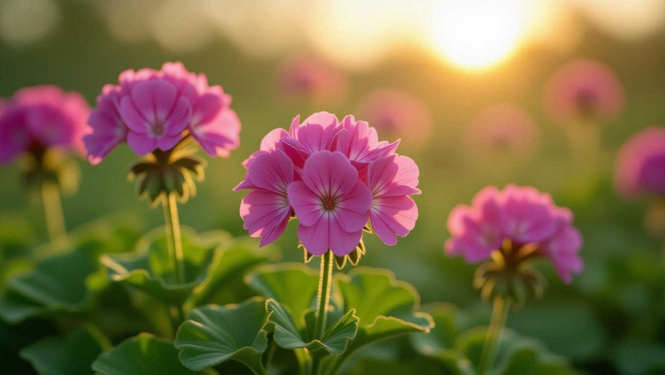 Bunte Geranien blühen im Sonnenlicht, ideal für den Garten im Herbst.