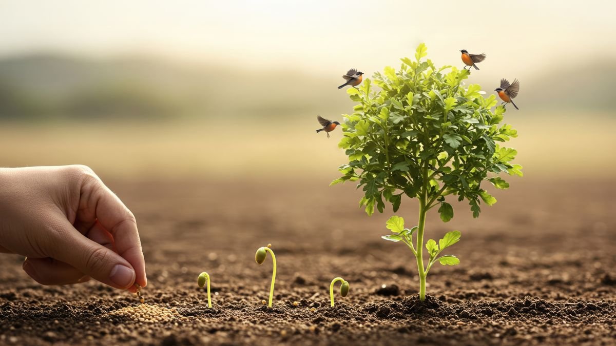 Eine Hand pflanzt Samen in die Erde, um Gemüse für den Herbstanbau vorzubereiten.