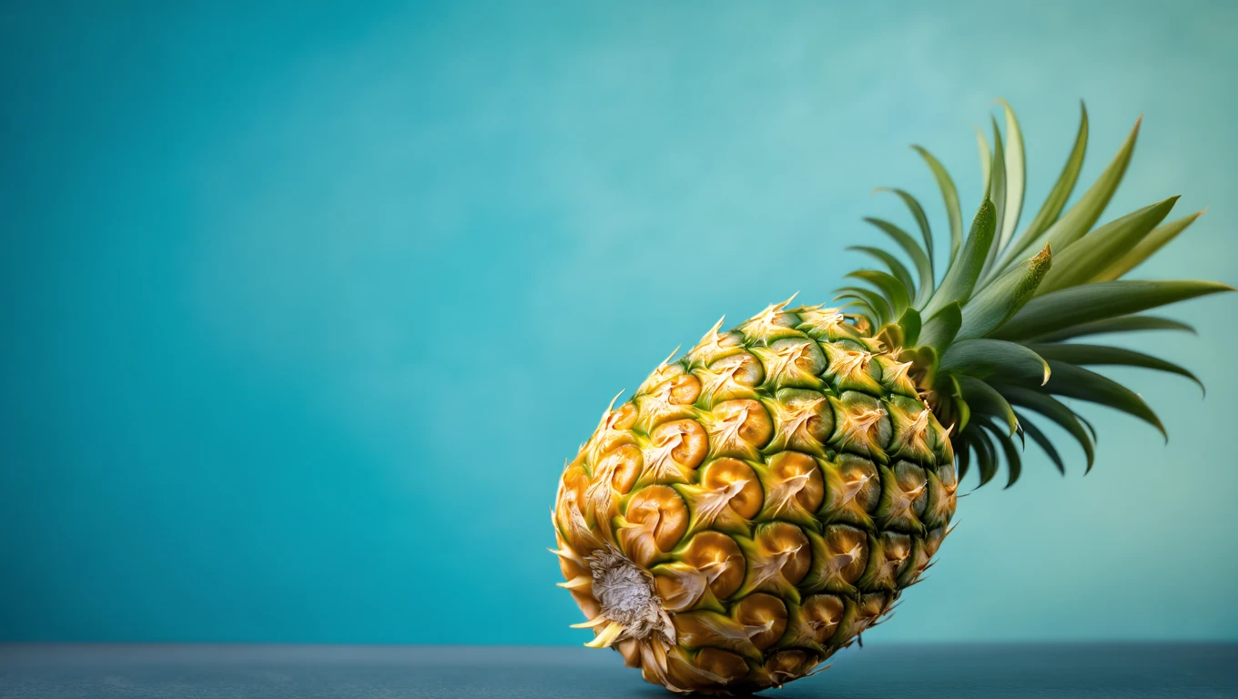 Eine frische Ananas mit grünem Laub vor einem blauen Hintergrund.