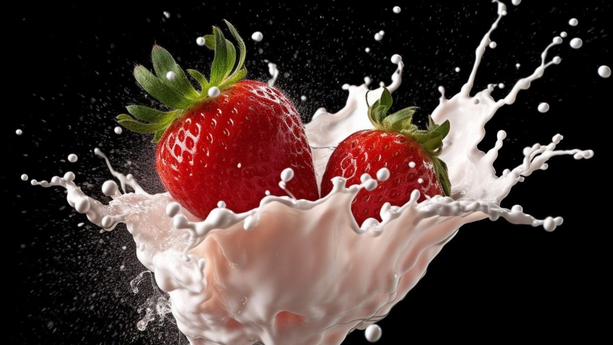 Die 5 süßesten Erdbeersorten Zwei frische Erdbeeren spritzen in einer Milchfontäne.