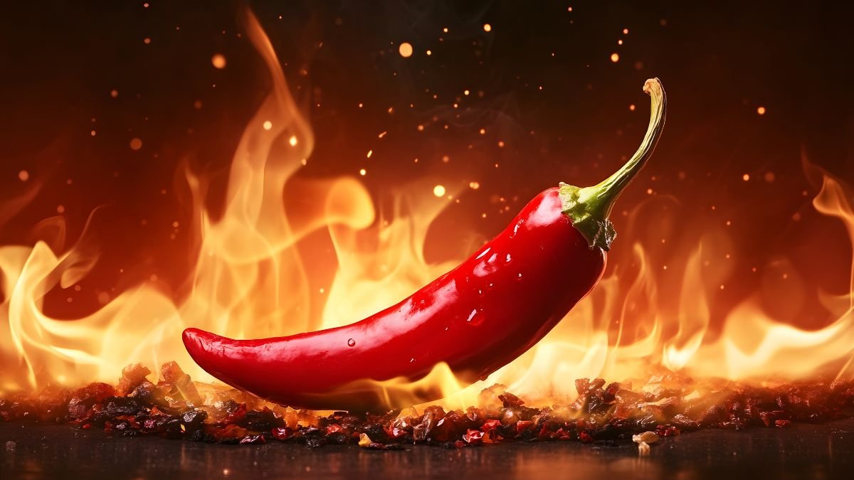 Ein leuchtend roter Chili steht vor einem feurigen Hintergrund.