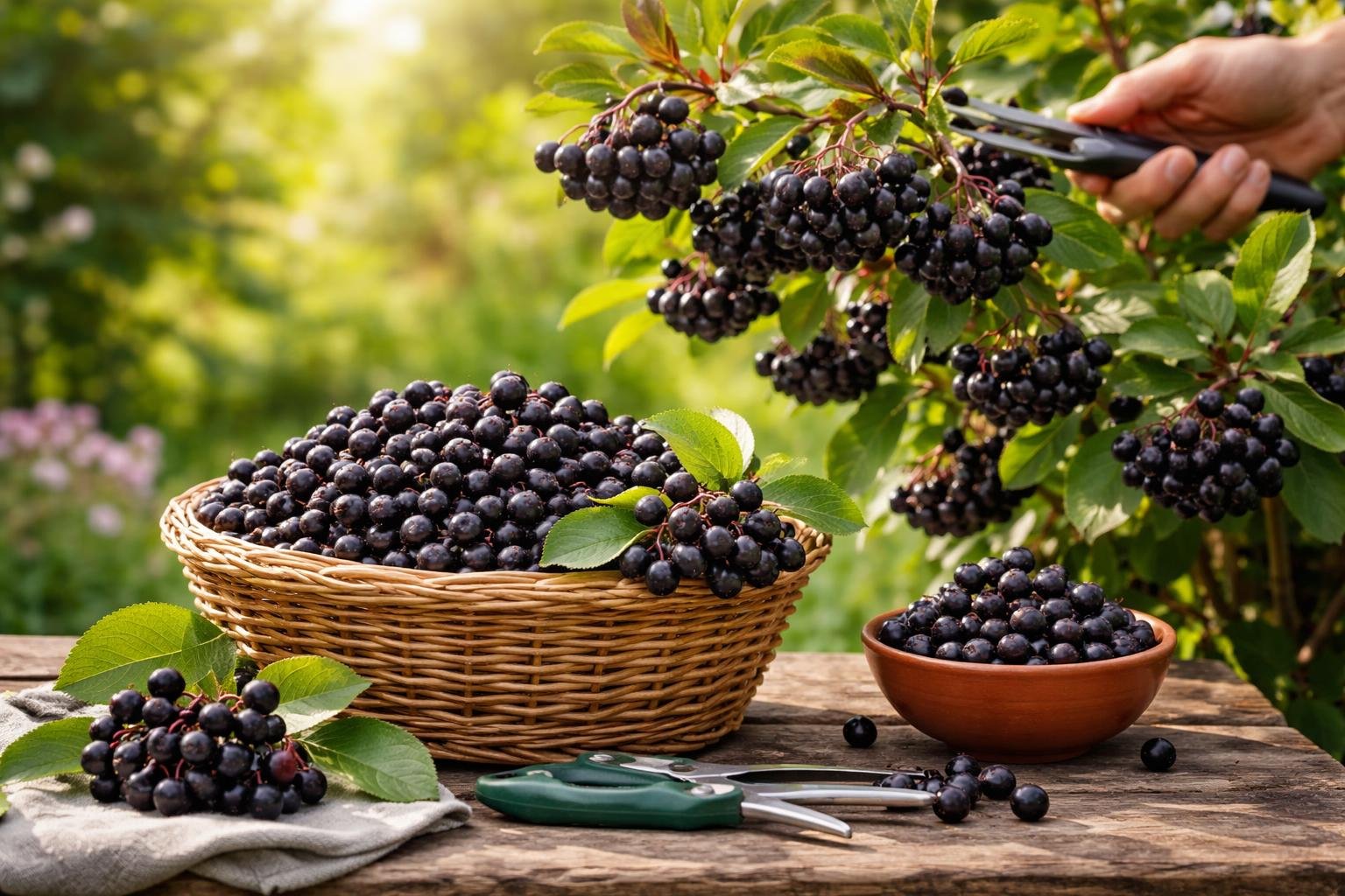 Ein Korb voller reifer Aronia-Beeren auf einem Holztisch im Garten.