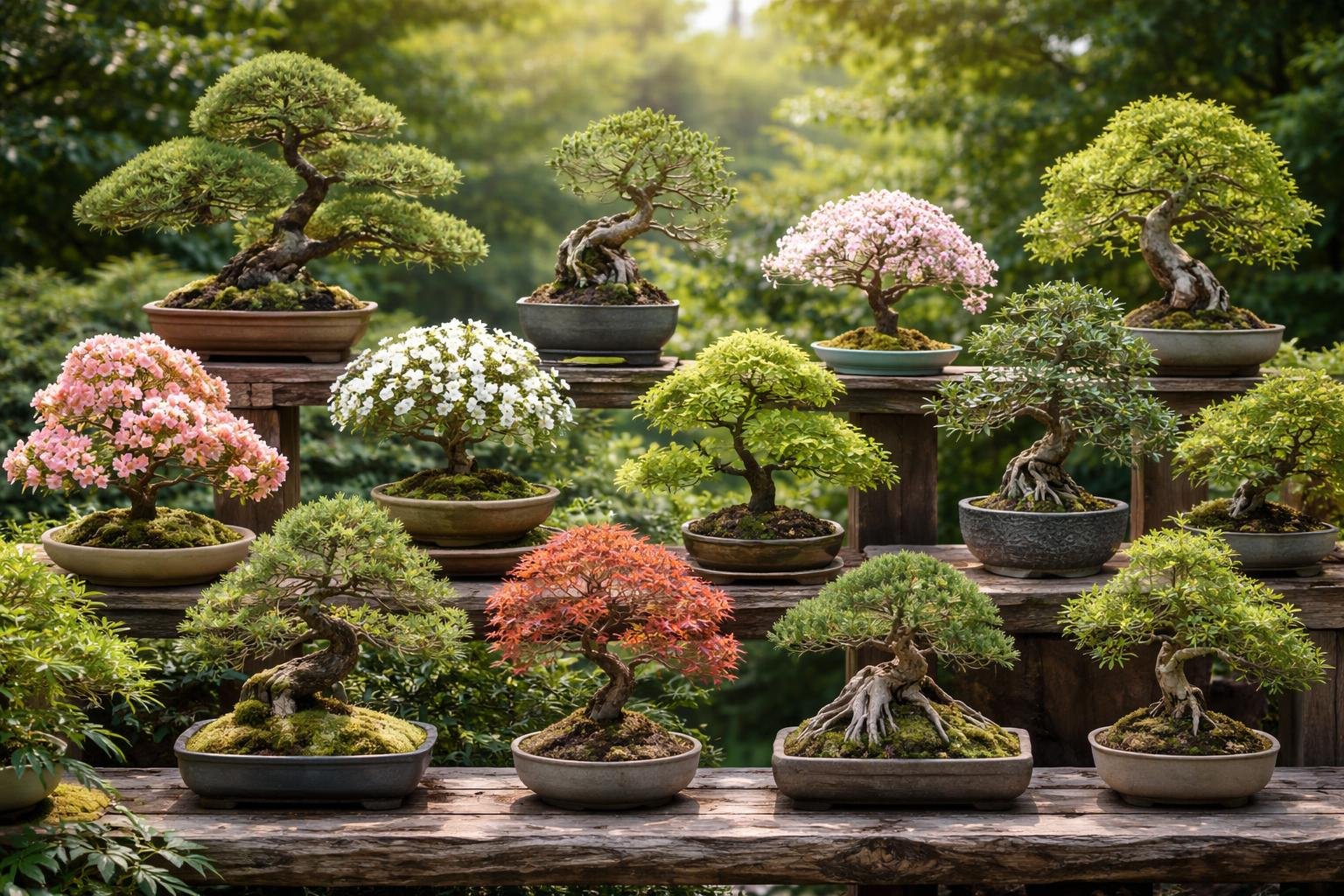 Eine Auswahl verschiedener Bonsai-Bäume in Töpfen, darunter blühende und grüne Arten.