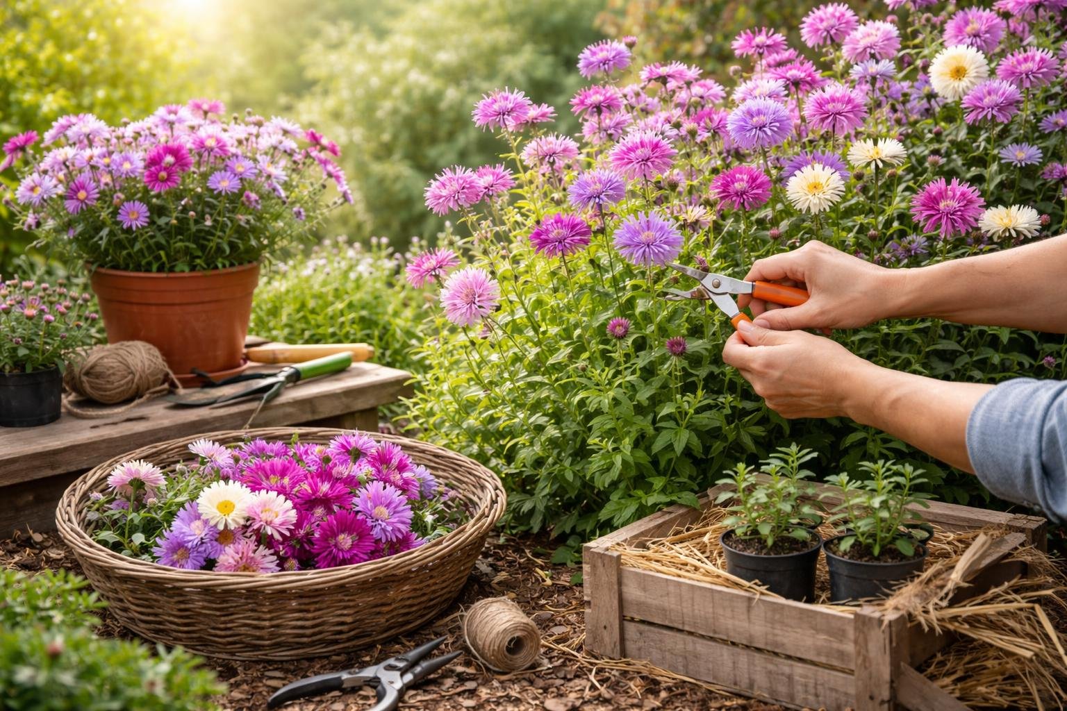 Eine Person schneidet Asternblüten im Garten, um die Pflanzen zu pflegen.