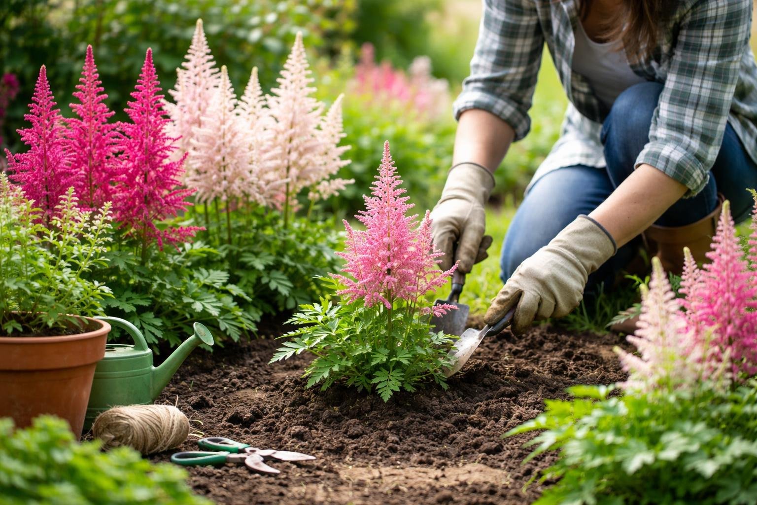 Eine Person pflanzt Astilben mit pinken und weißen Blüten in einem Garten.