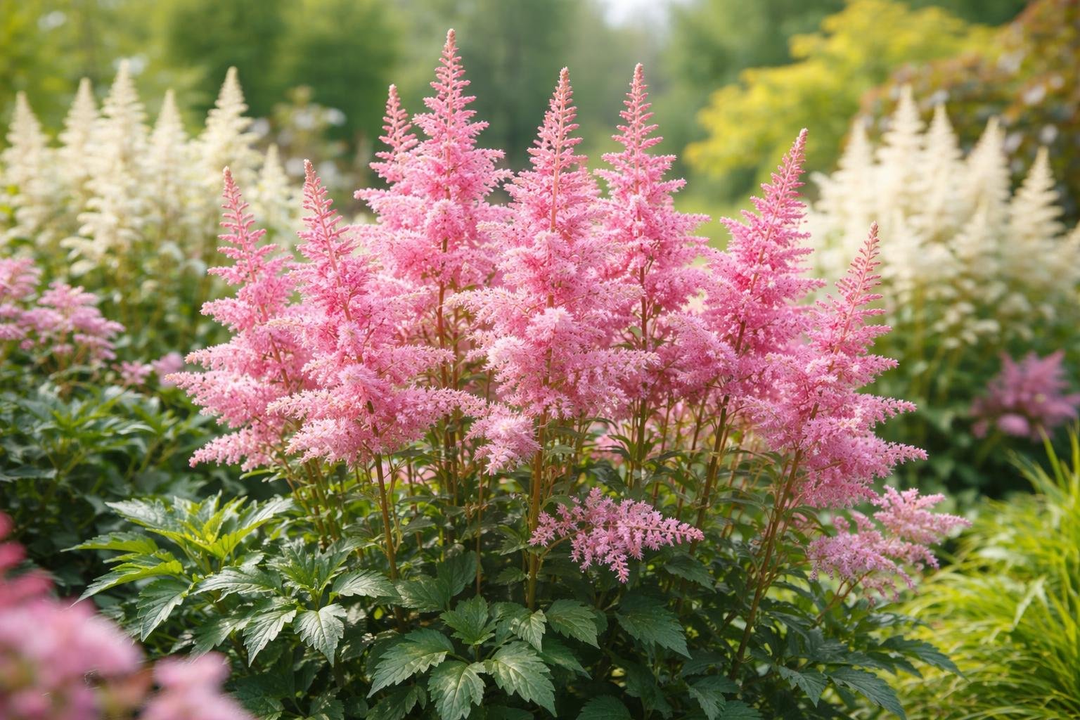 Astilbe-Pflanzen mit filigranen, rosa Blütenrispen in einem Garten.