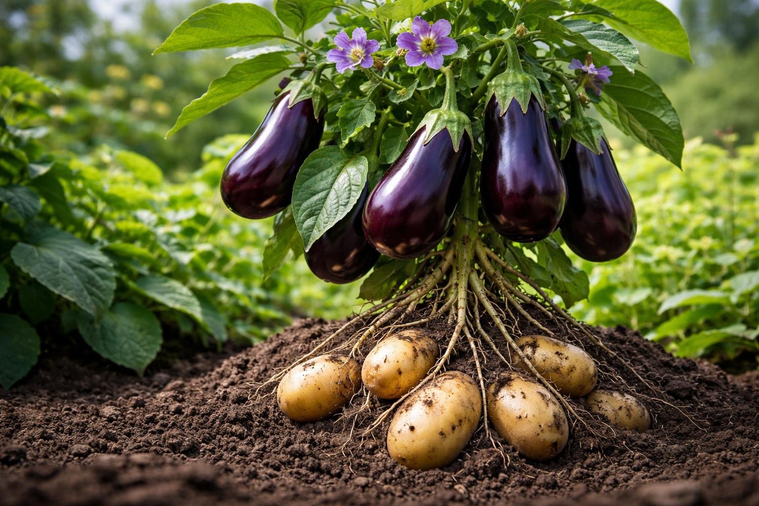 Eine Pflanze mit Auberginen und Kartoffeln, die zusammen in einem Garten wachsen.