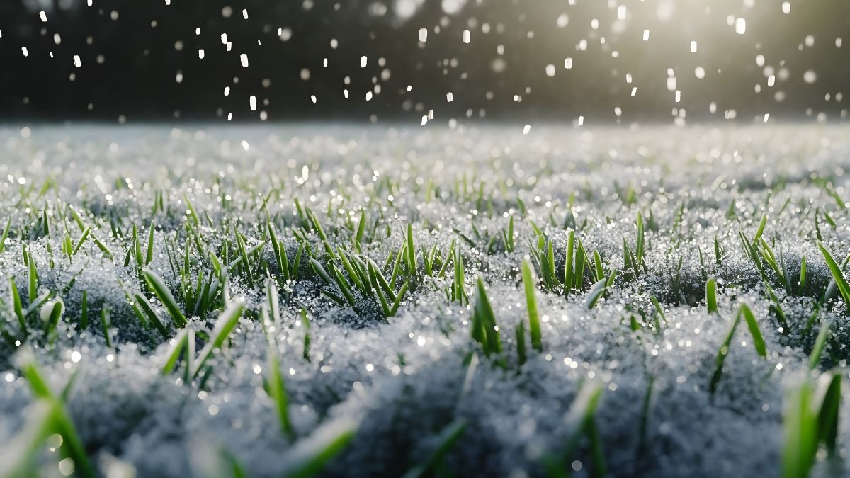 Grüner Rasen, bedeckt mit einer Schicht frischem Schnee, im Winterlicht.