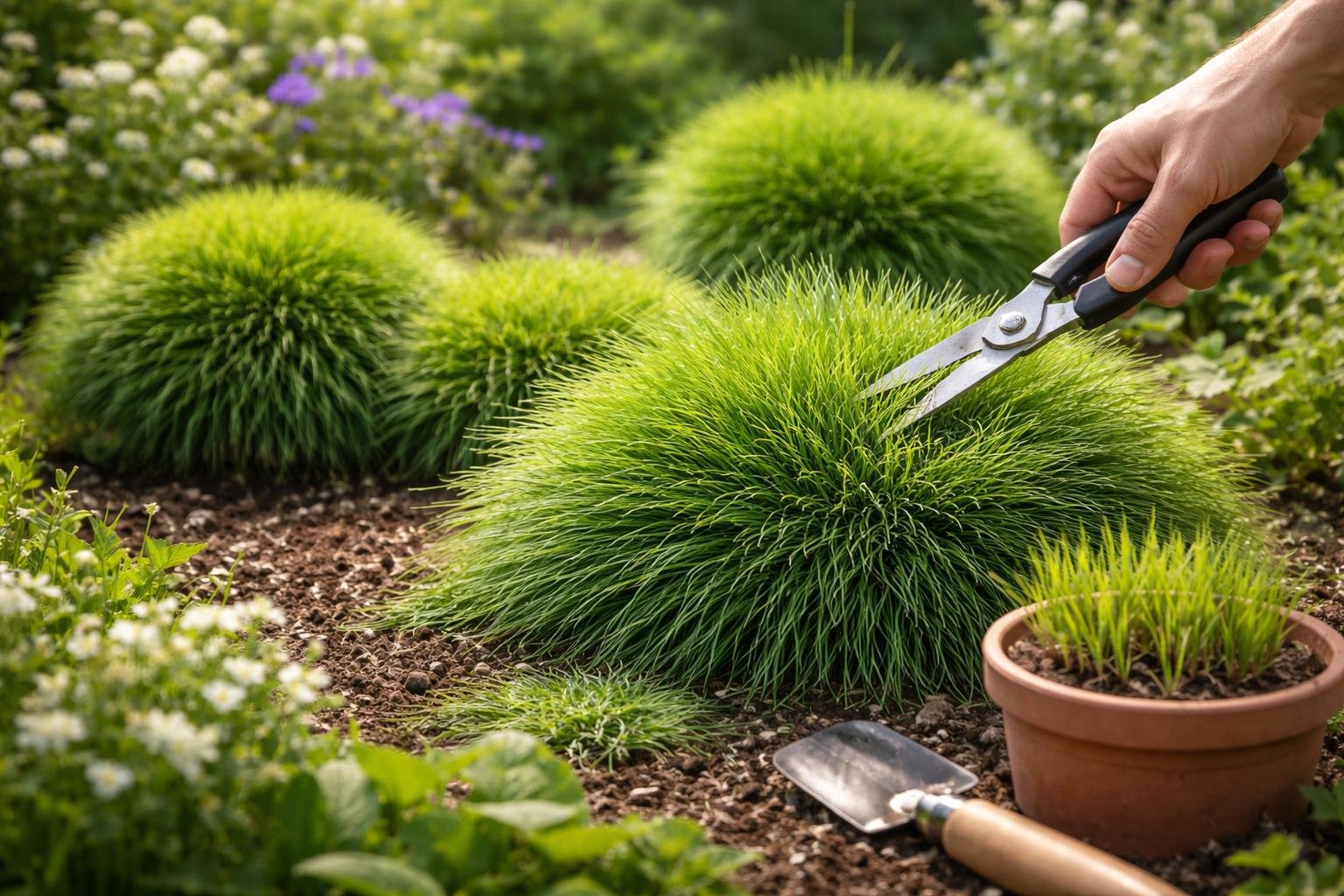 Ein Gärtner schneidet Bärenfellgras mit einer Schere im Garten.