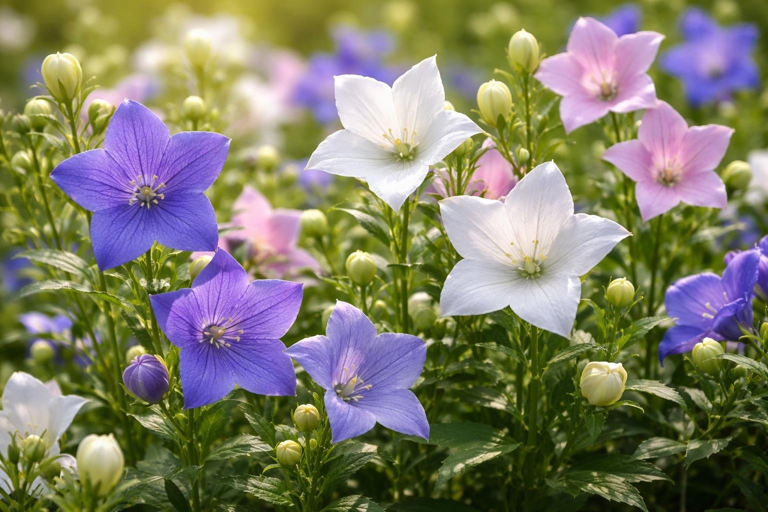 Bunte Ballonblumen in verschiedenen Farben blühen im Garten.
