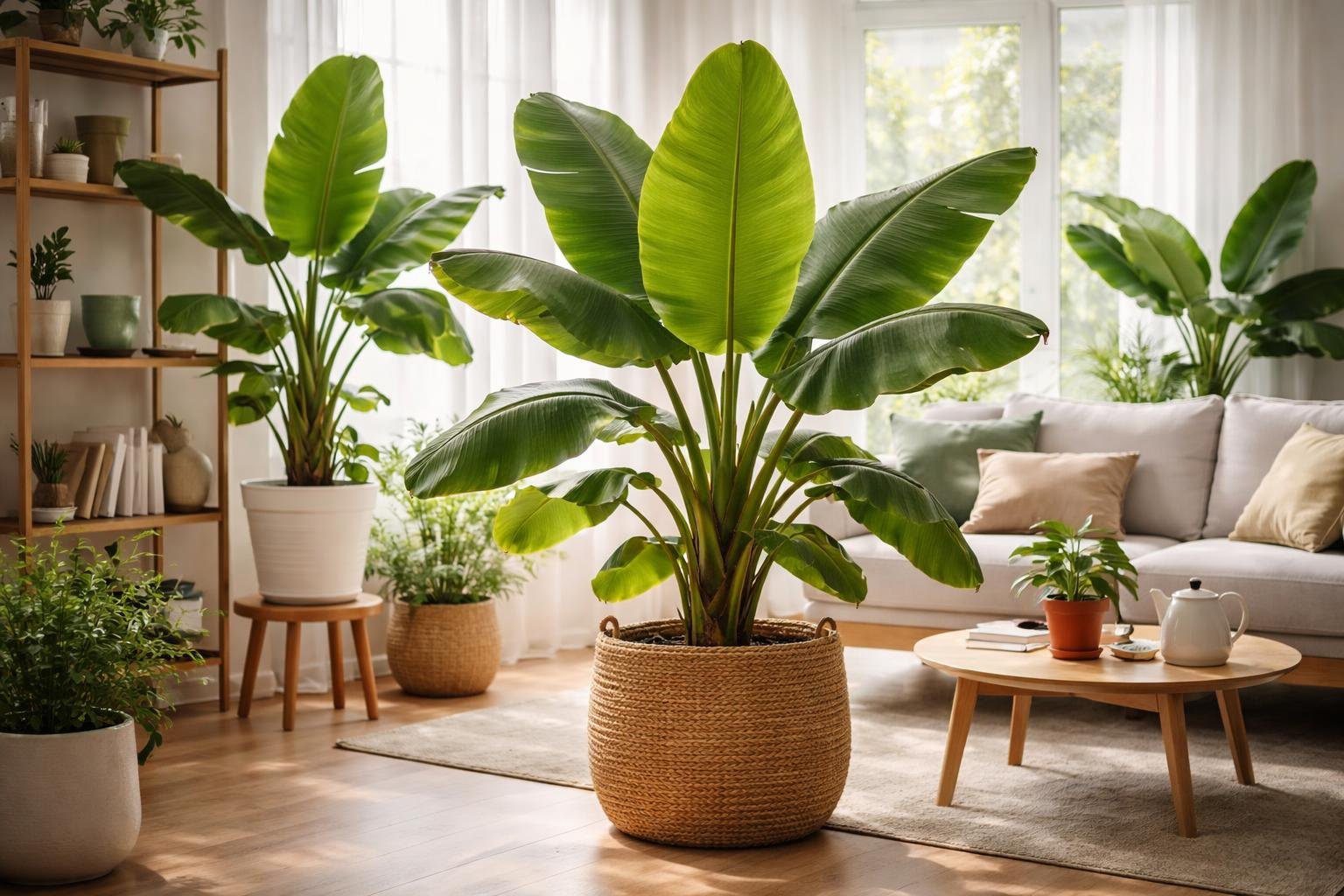 Große, grüne Bananenpflanzen in einem hellen Wohnzimmer mit gemütlicher Einrichtung.