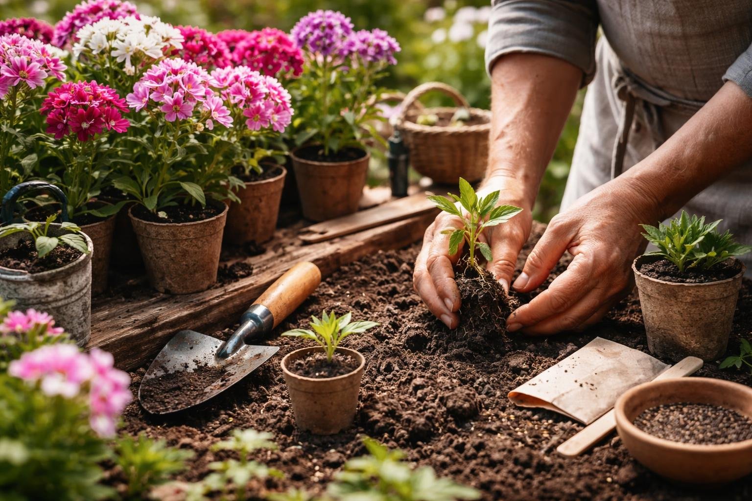 Eine Person pflanzt Bartnelken in fruchtbare Erde, umgeben von bunten Blüten.