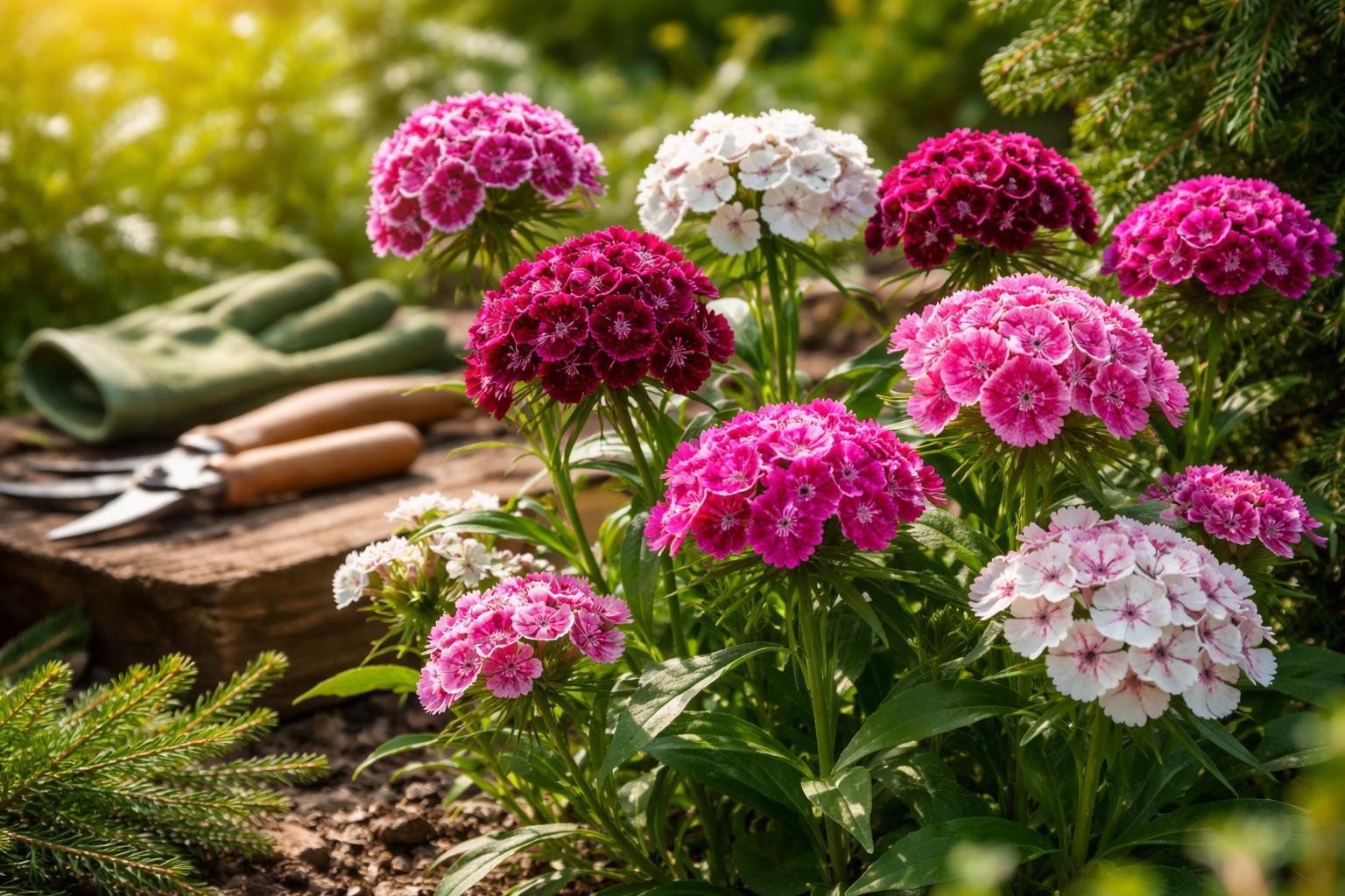 Bunte Bartnelken in einem Garten mit grünen Handschuhen und Schaufel im Hintergrund.