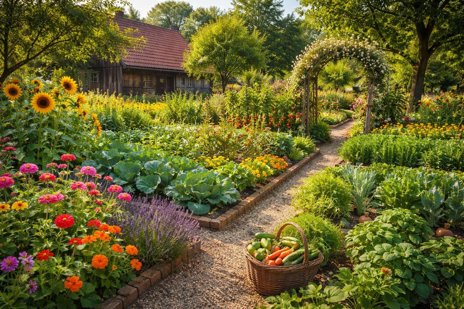 Bunter Bauerngarten mit Gemüse, Blumen und einem Korb voller Ernte.