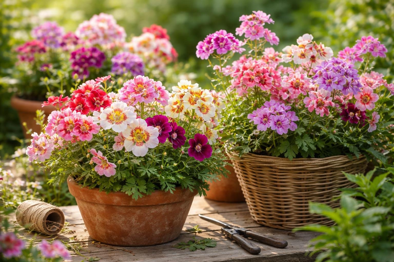 Bunte Bauernorchideen in Töpfen, die romantischen Charme in den Garten bringen.