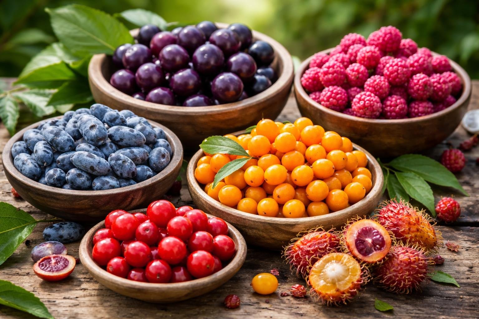 Fünf verschiedene Beeren in Holzschalen, darunter exotische und heimische Sorten.