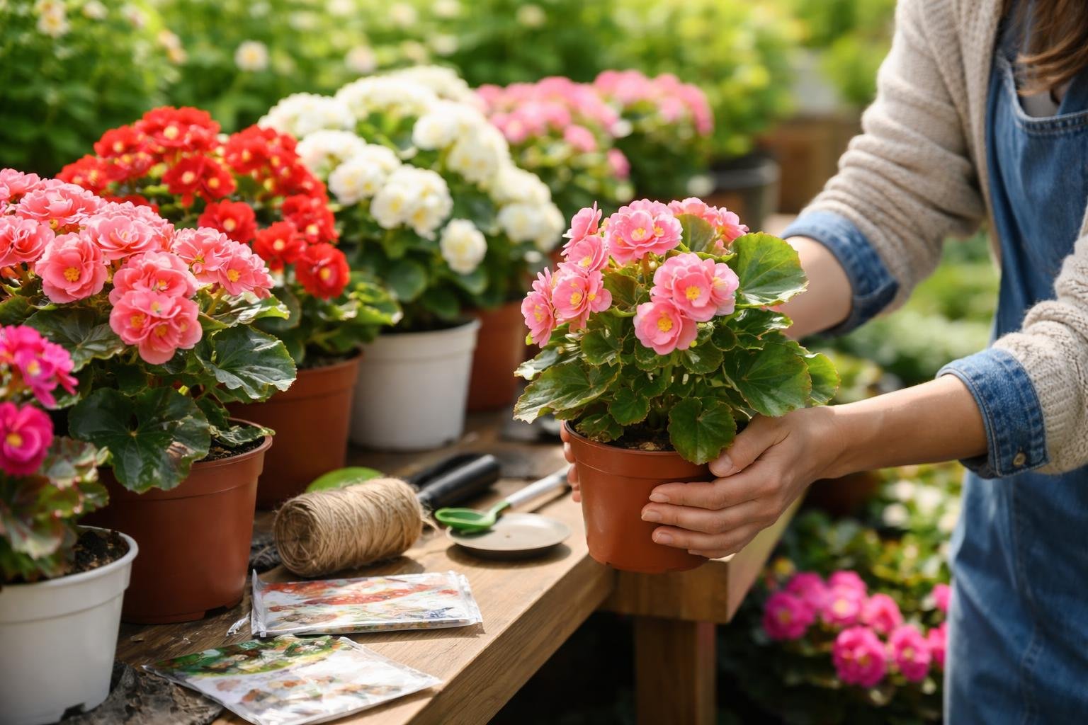 Eine Person hält einen Topf mit pinken Begonien in einem Gartenzentrum.