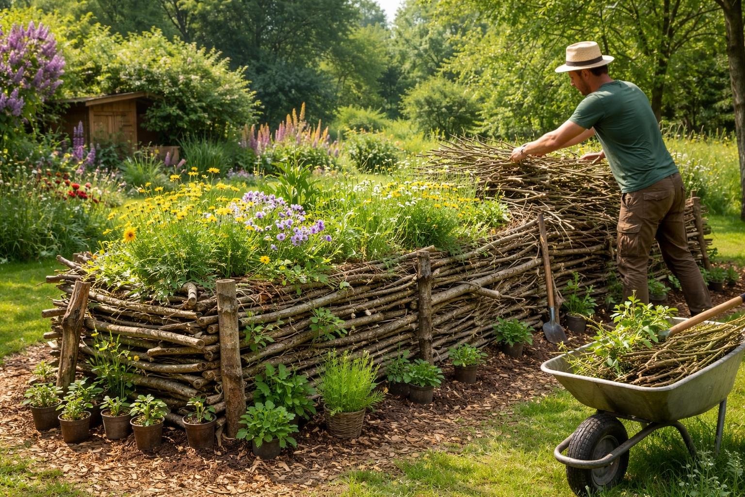 Ein Gärtner baut eine Benjeshecke aus Zweigen und Pflanzen im Garten.