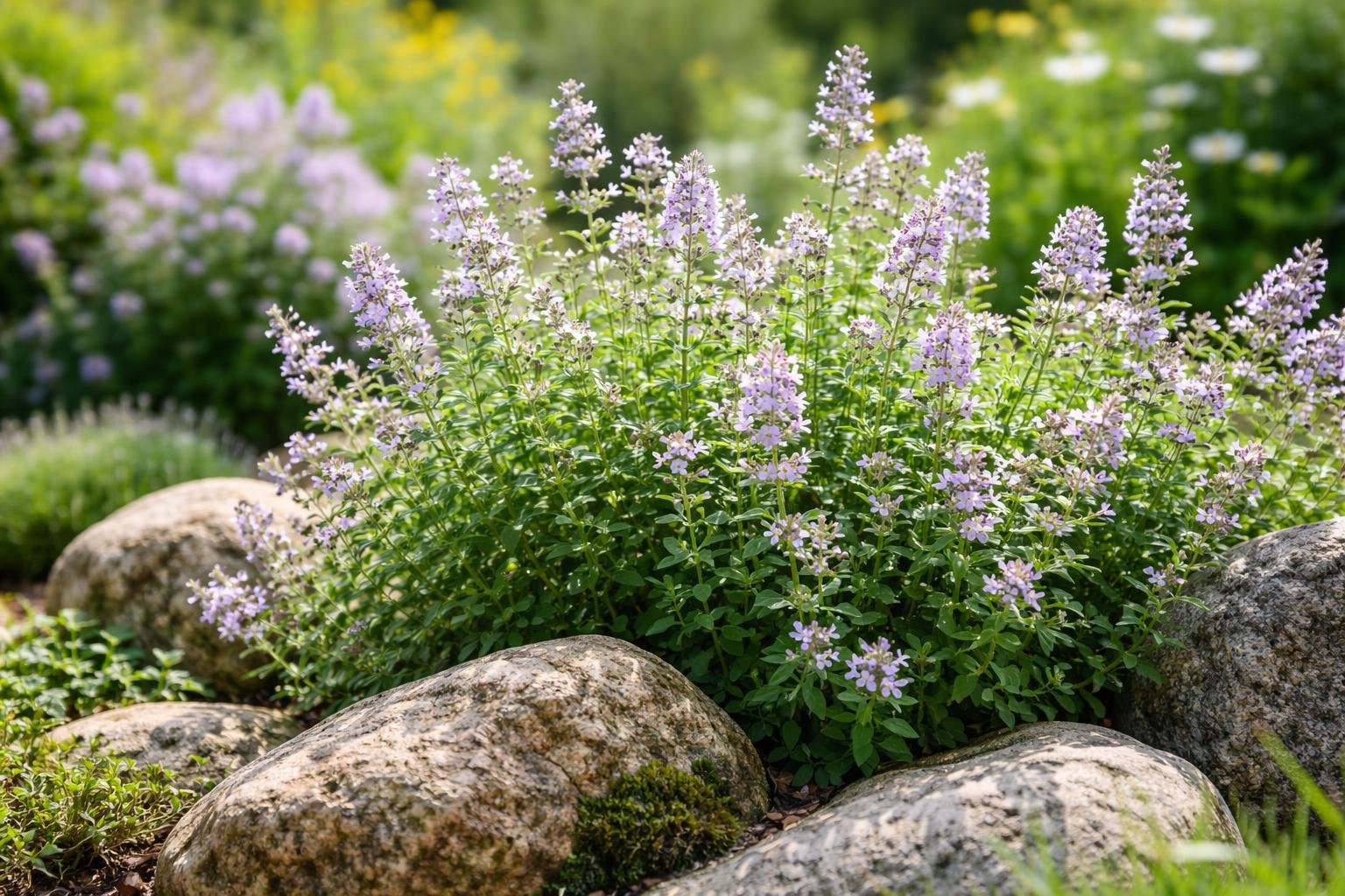 Blühende Bergminze mit lila Blüten, umgeben von Steinen im Garten.