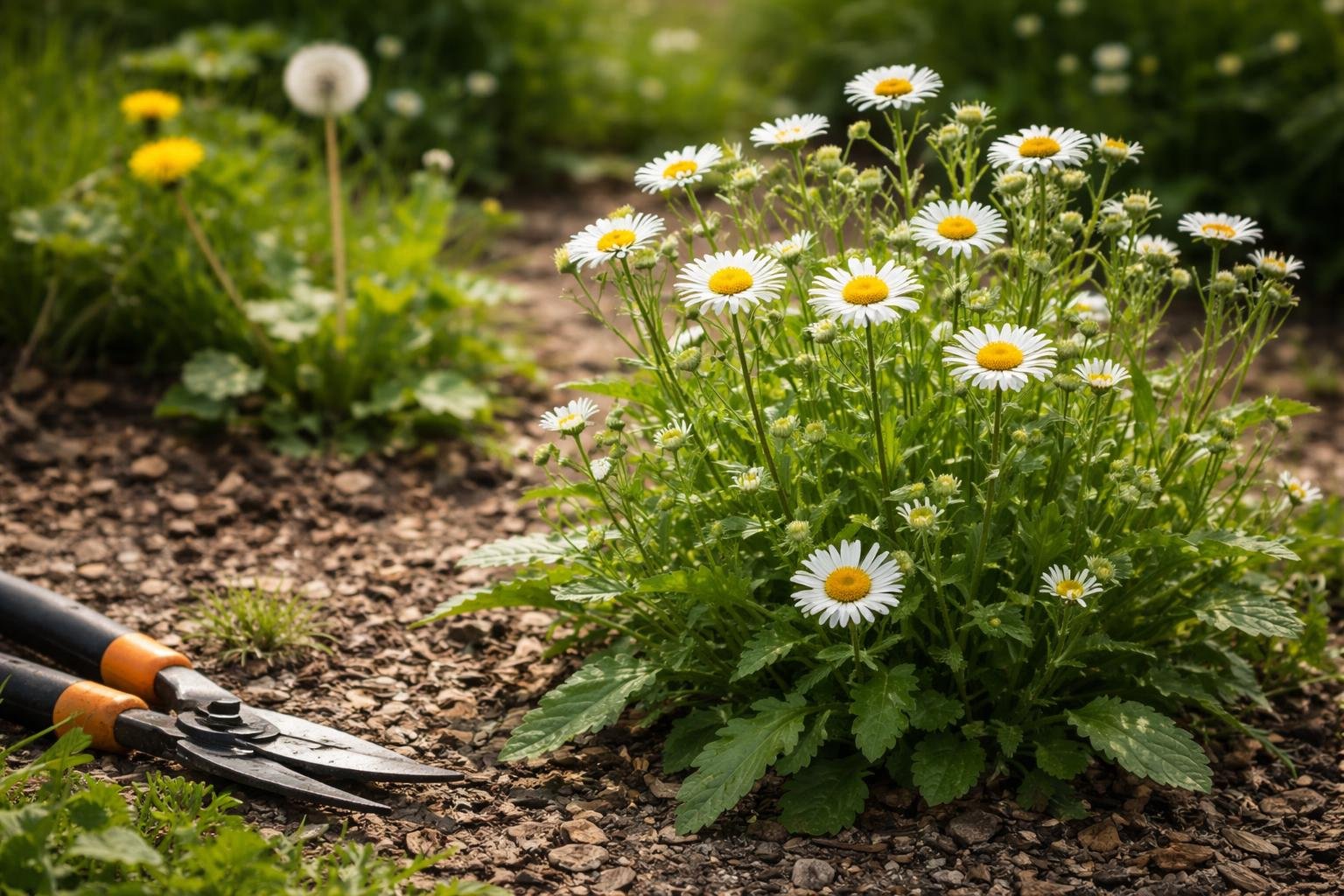 Eine Gruppe von Gänseblümchen wächst in einem Garten neben einer Gartenschere.