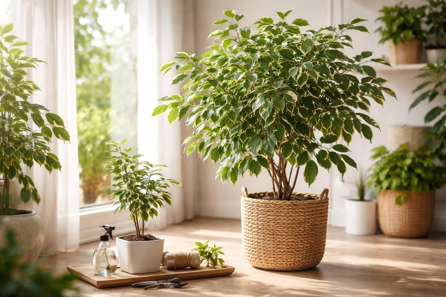 Zwei Birkenfeigen in einem hellen Raum, eine große im Korb und eine kleine in einem Topf.