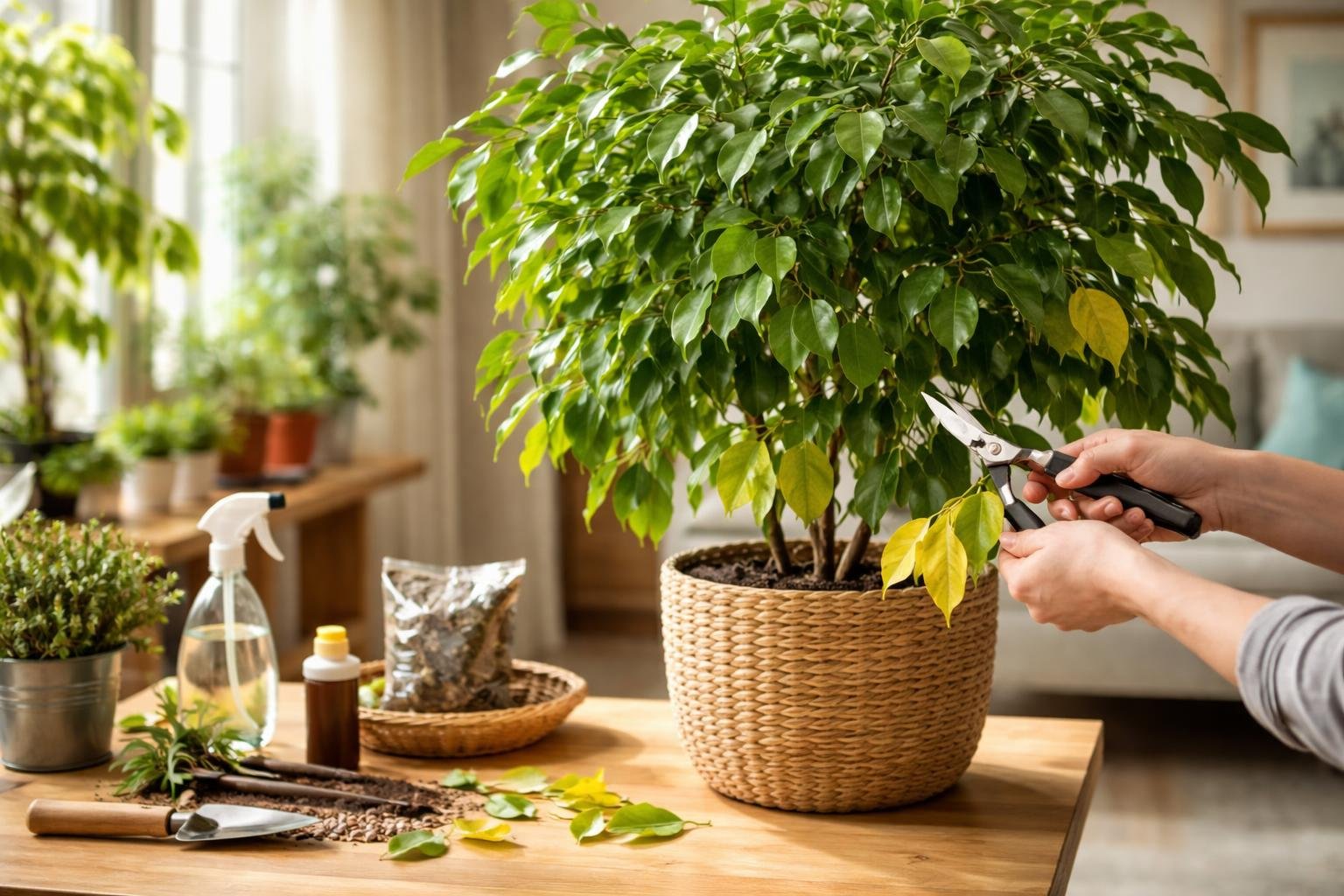 Eine Person schneidet mit einer Schere gelbe Blätter von einer Birkenfeige.