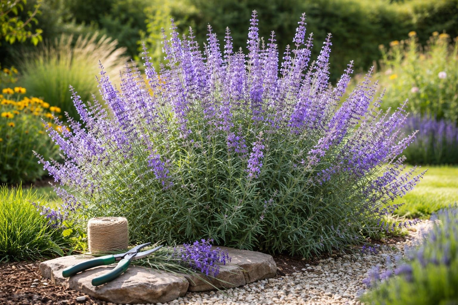 Eine blühende Blauraute mit lila Blüten in einem Garten, umgeben von Steinen.