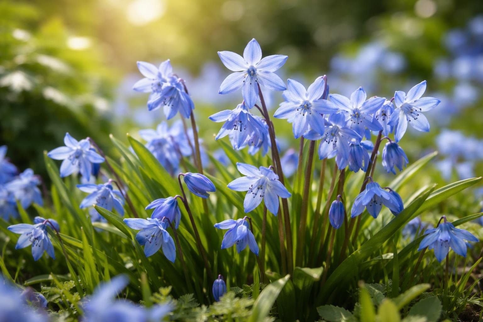 Zarte Blausternblüten in leuchtendem Blau umgeben von frischem Grün.