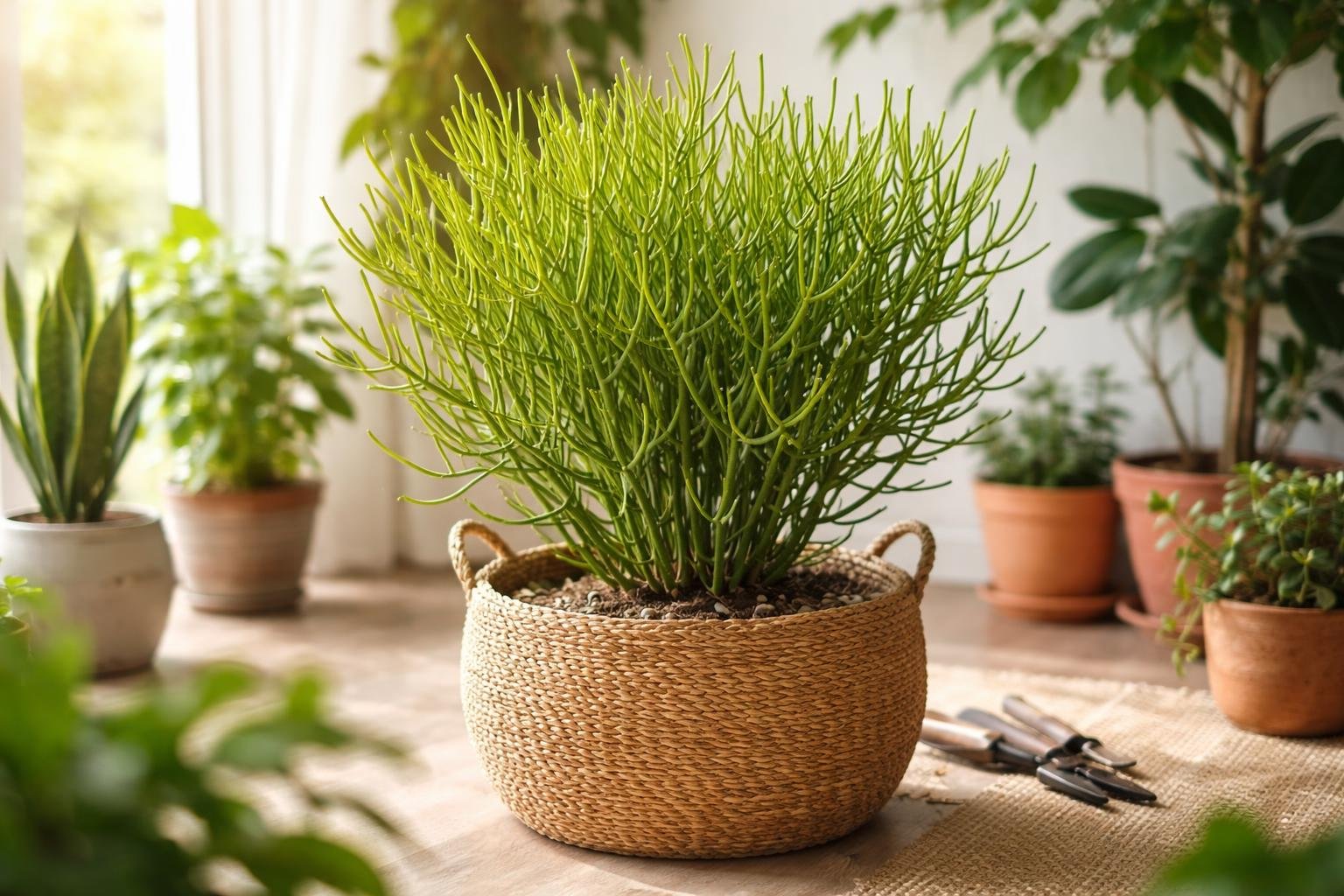 Ein Bleistiftbaum in einem geflochtenen Korb, umgeben von anderen Pflanzen.