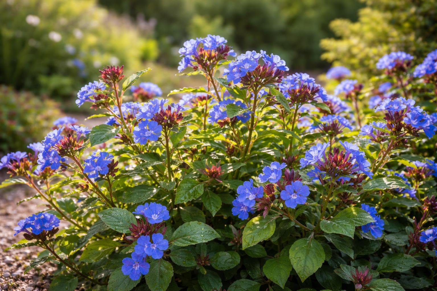 Bunte Bleiwurz-Pflanzen mit leuchtend blauen Blüten im Garten.