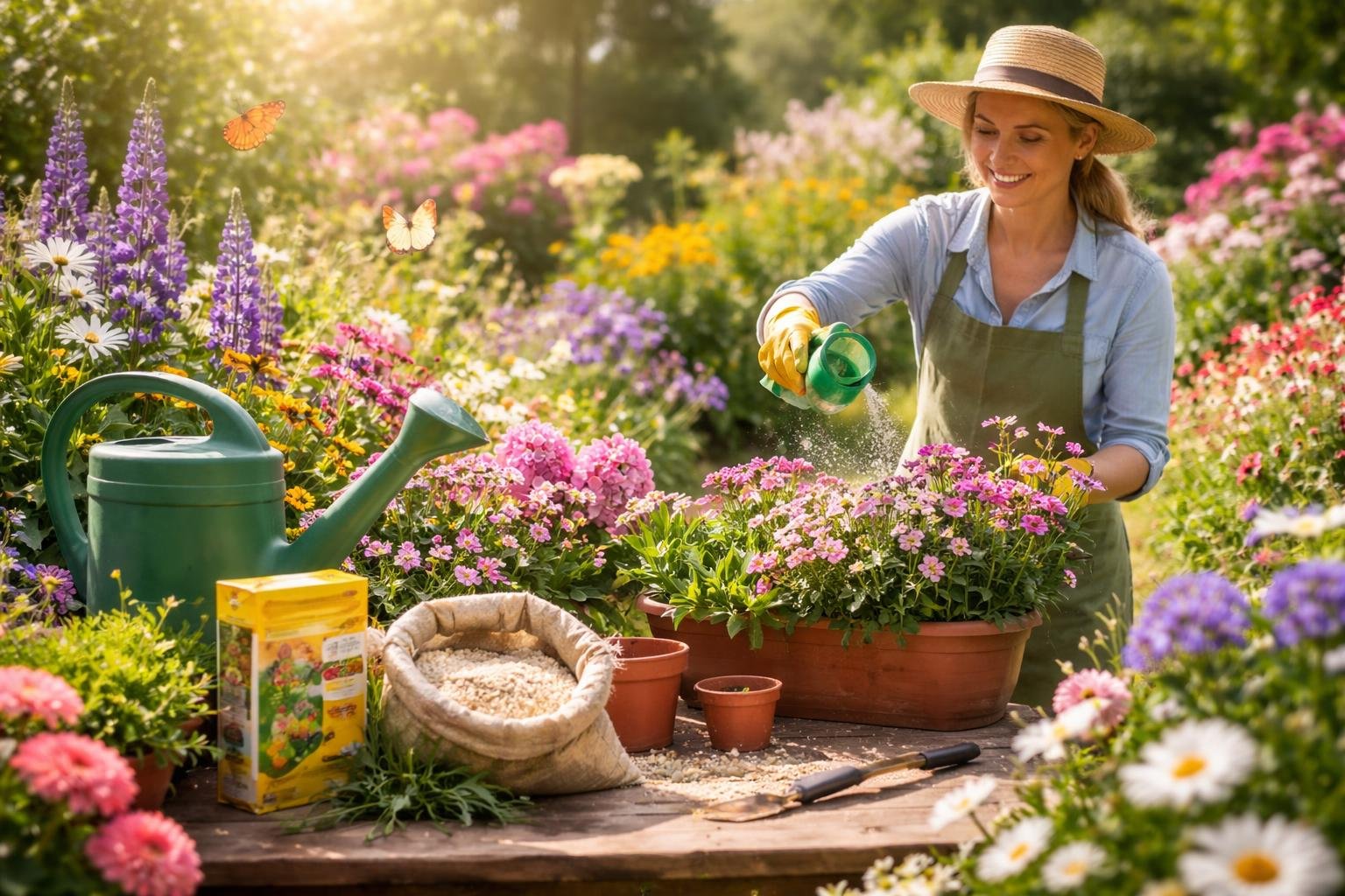 Eine Gärtnerin düngt bunte Blumen in einem Garten mit Sonnenlicht.
