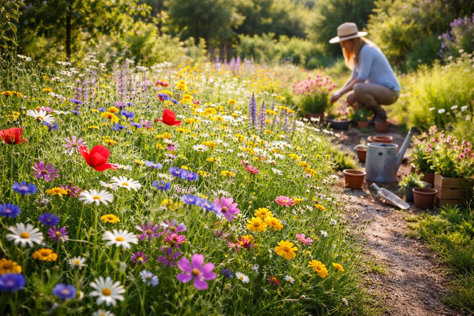 Bunte Blumenwiese mit verschiedenen Blumen und einer Person, die pflanzt.