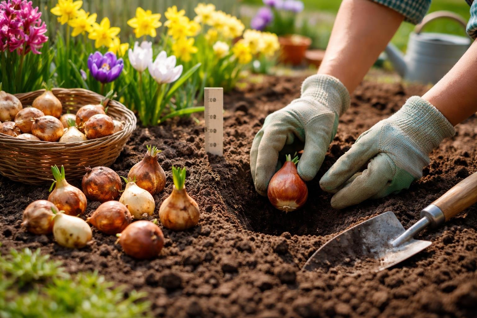 Eine Person pflanzt Blumenzwiebeln in fruchtbare Erde, umgeben von bunten Blumen.