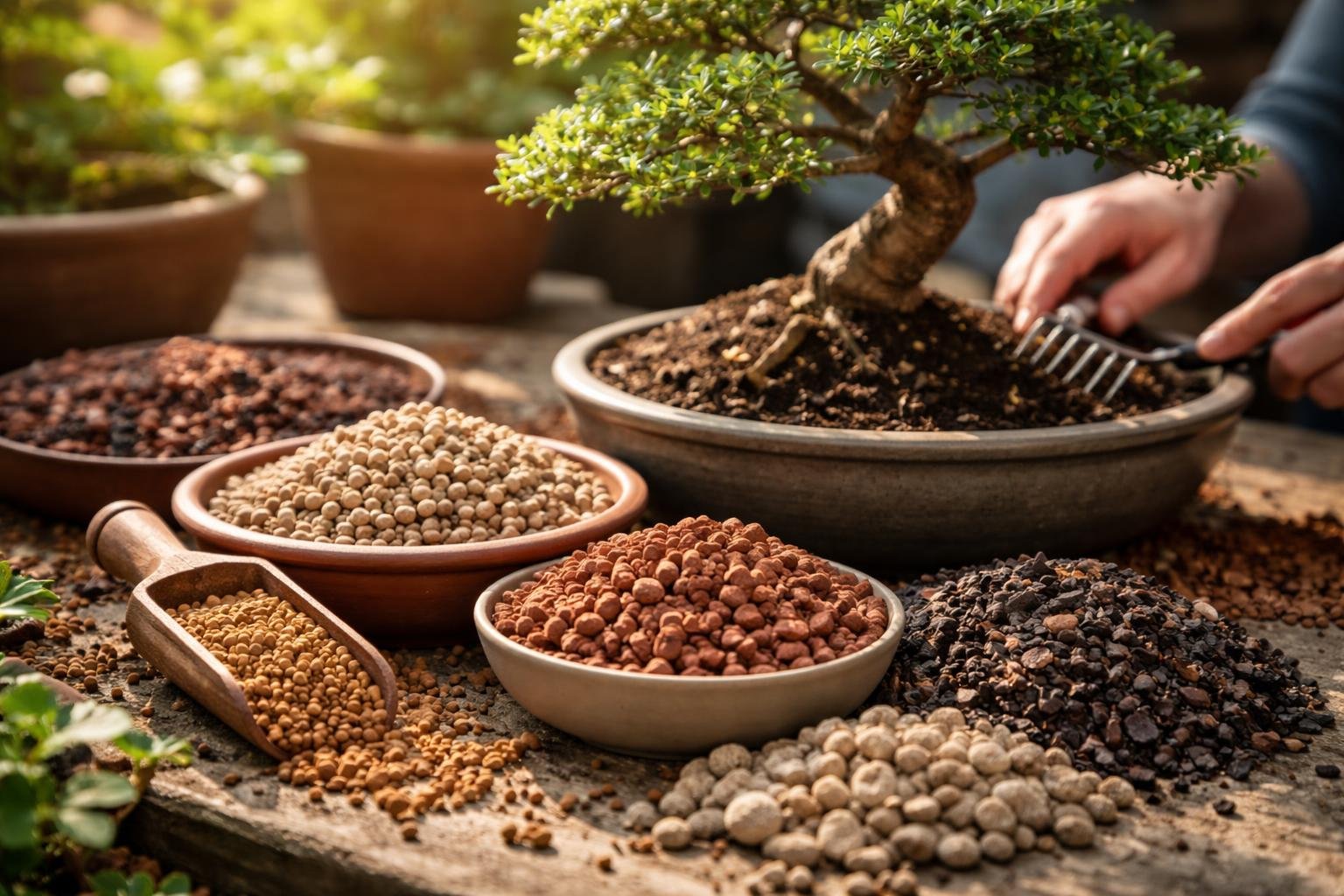 Verschiedene Substrate für Bonsai-Pflanzen in Schalen auf einem Tisch.